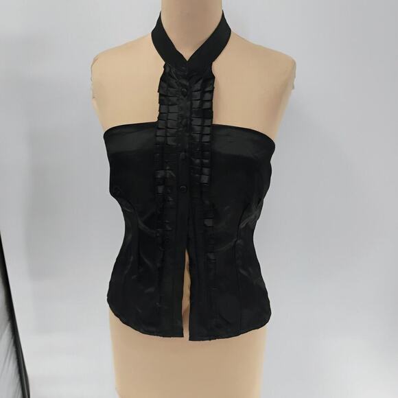 Forever 21 Women Tops Black y2k satin halter top ruffle tuxedo - Picture 8 of 12